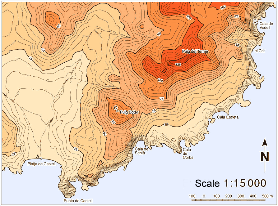 Topographic map of the area of Puig Boter, to scale 1:15.000