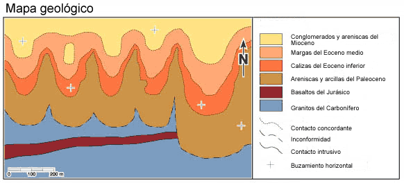 Mapa esquemático donde se muestran la lozalización de basaltos, granitos, areniscas y sus líneas de contacto