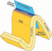 Diagrama mostrando los elementos de un pliegue: el plano axial, el eje, los flancos i la charnela