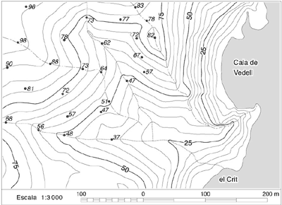 Mapa topográfico solo con líneas de nivel de la zona de la Cala del Vedell